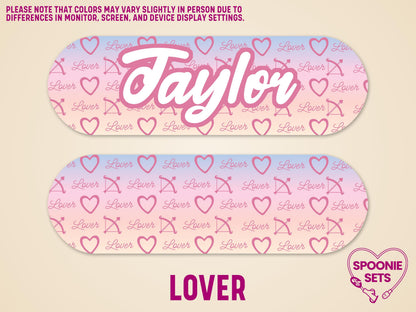 Pink "Lover" album-themed feeding tube pump sticker with "Taylor" in white script, and a matching blank sticker.