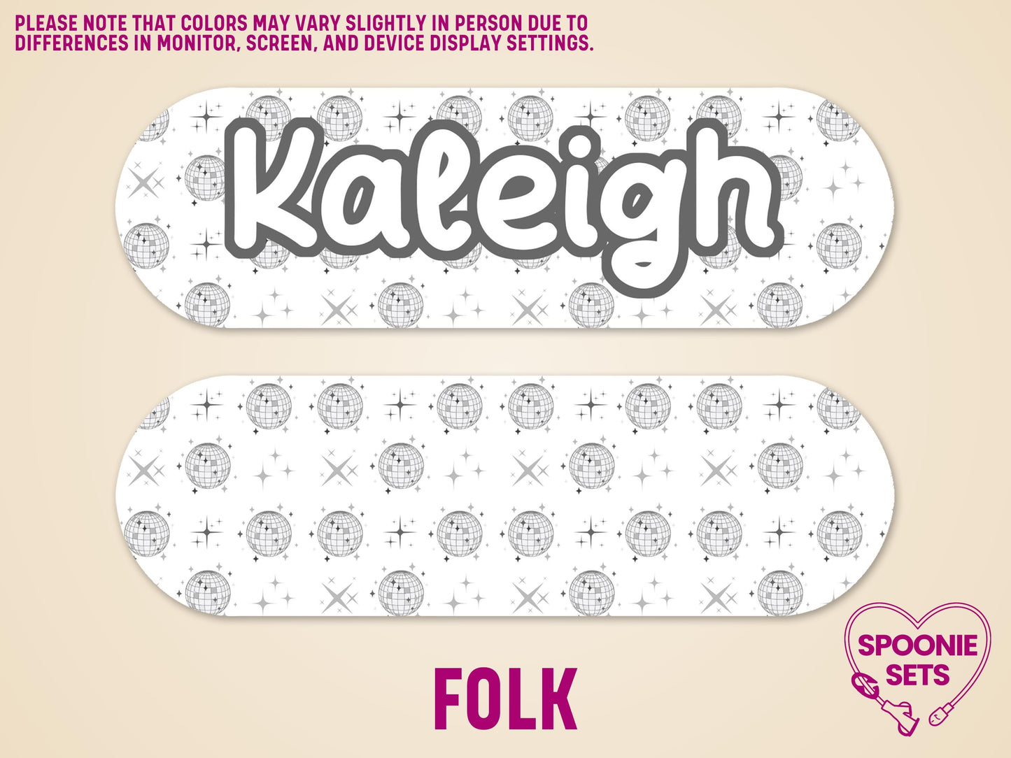 Personalized feeding tube pump sticker with "Kaleigh" in black script over a white disco ball pattern.