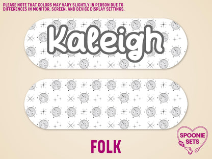 Personalized feeding tube pump sticker with "Kaleigh" in black script over a white disco ball pattern.