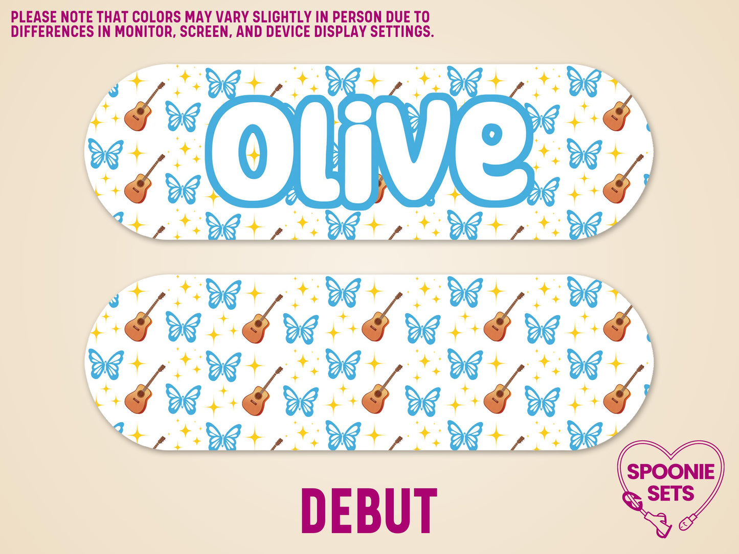 White matte feeding tube pump stickers with blue butterflies, brown guitars, and yellow stars. One says "Olive," the other "Debut.