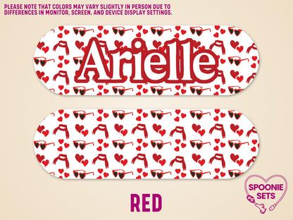 Personalized feeding tube pump sticker with red hearts, scarves, and sunglasses on white, featuring "Arielle" in red.