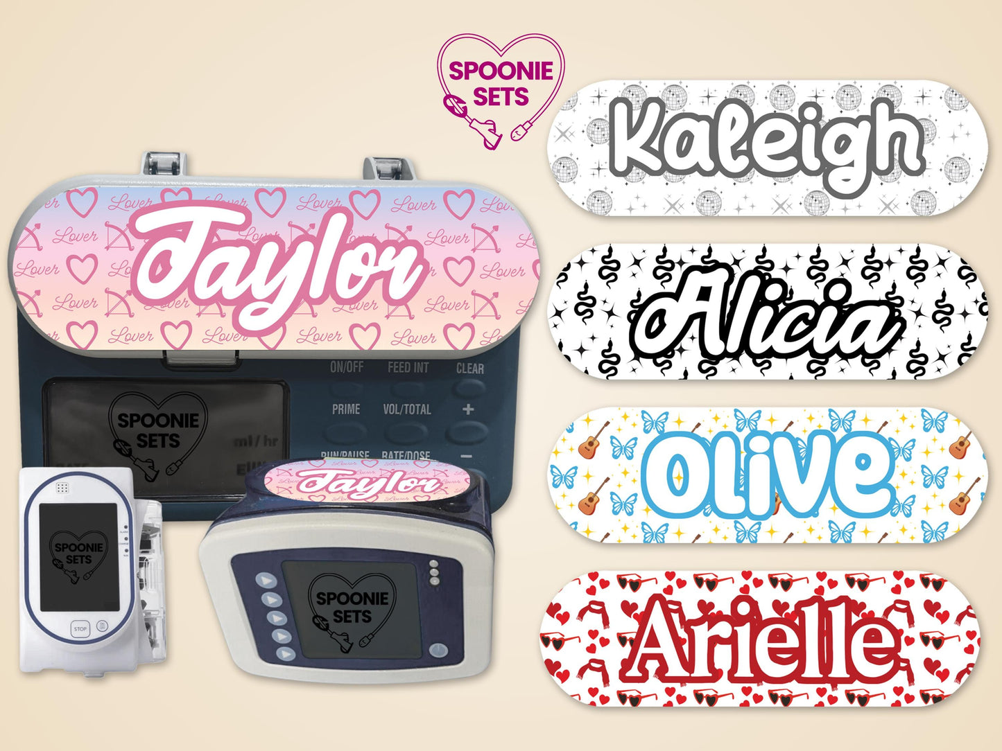 Personalized feeding tube pump stickers with various names and designs, including hearts, disco balls, snakes, butterflies, and ukuleles.