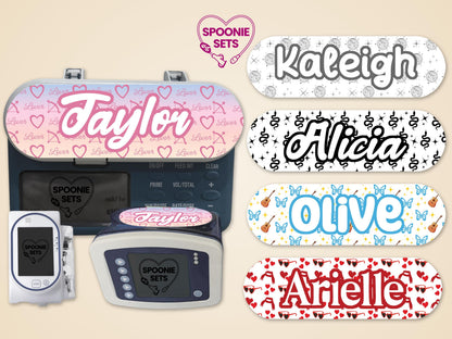 Personalized feeding tube pump stickers with various names and designs, including hearts, disco balls, snakes, butterflies, and ukuleles.