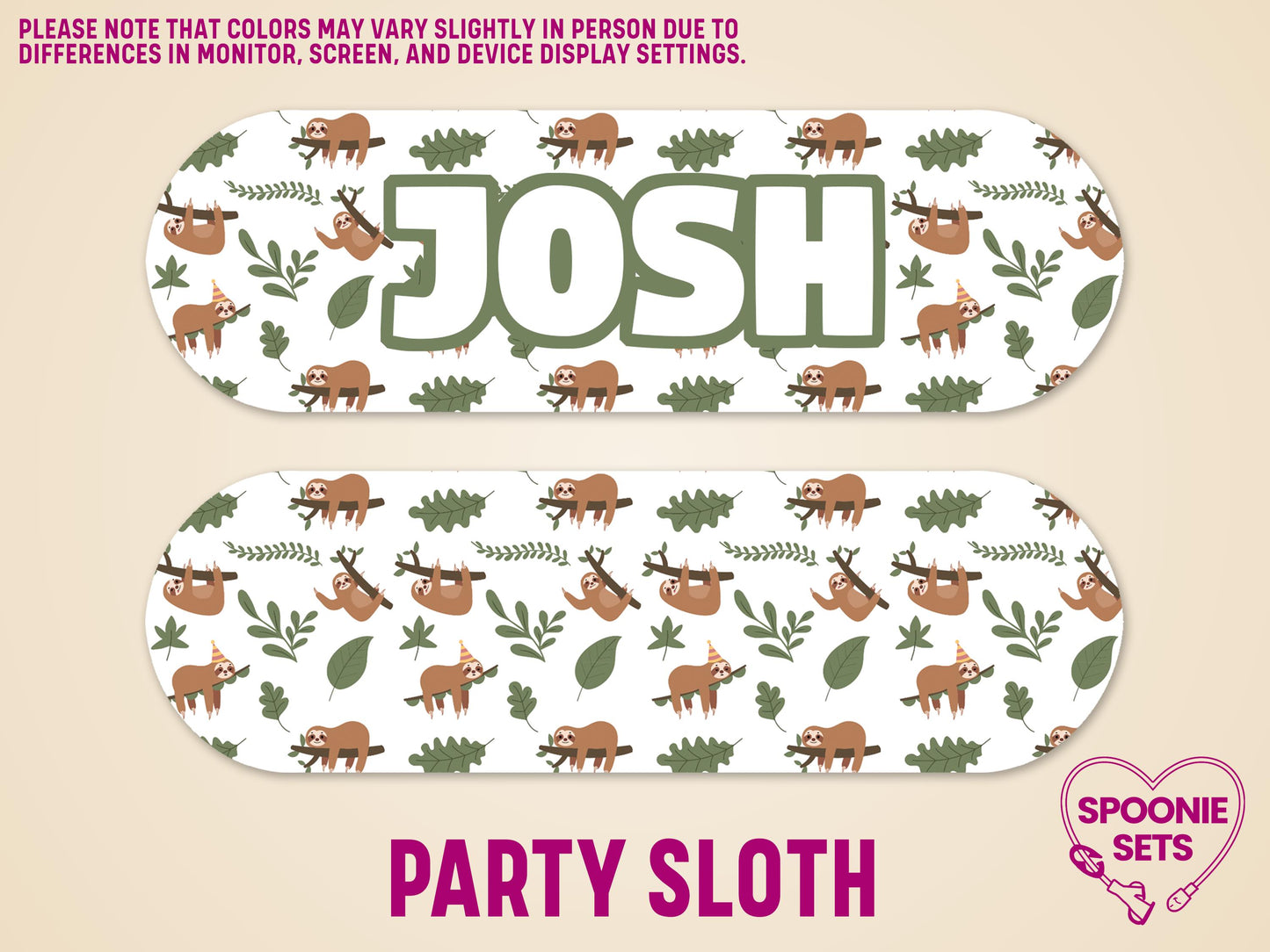 Personalized "JOSH" feeding tube pump sticker with a party sloth and green leaf pattern.