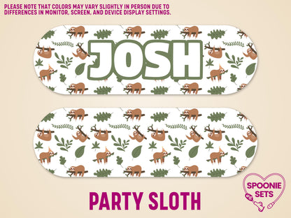 Personalized "JOSH" feeding tube pump sticker with a party sloth and green leaf pattern.