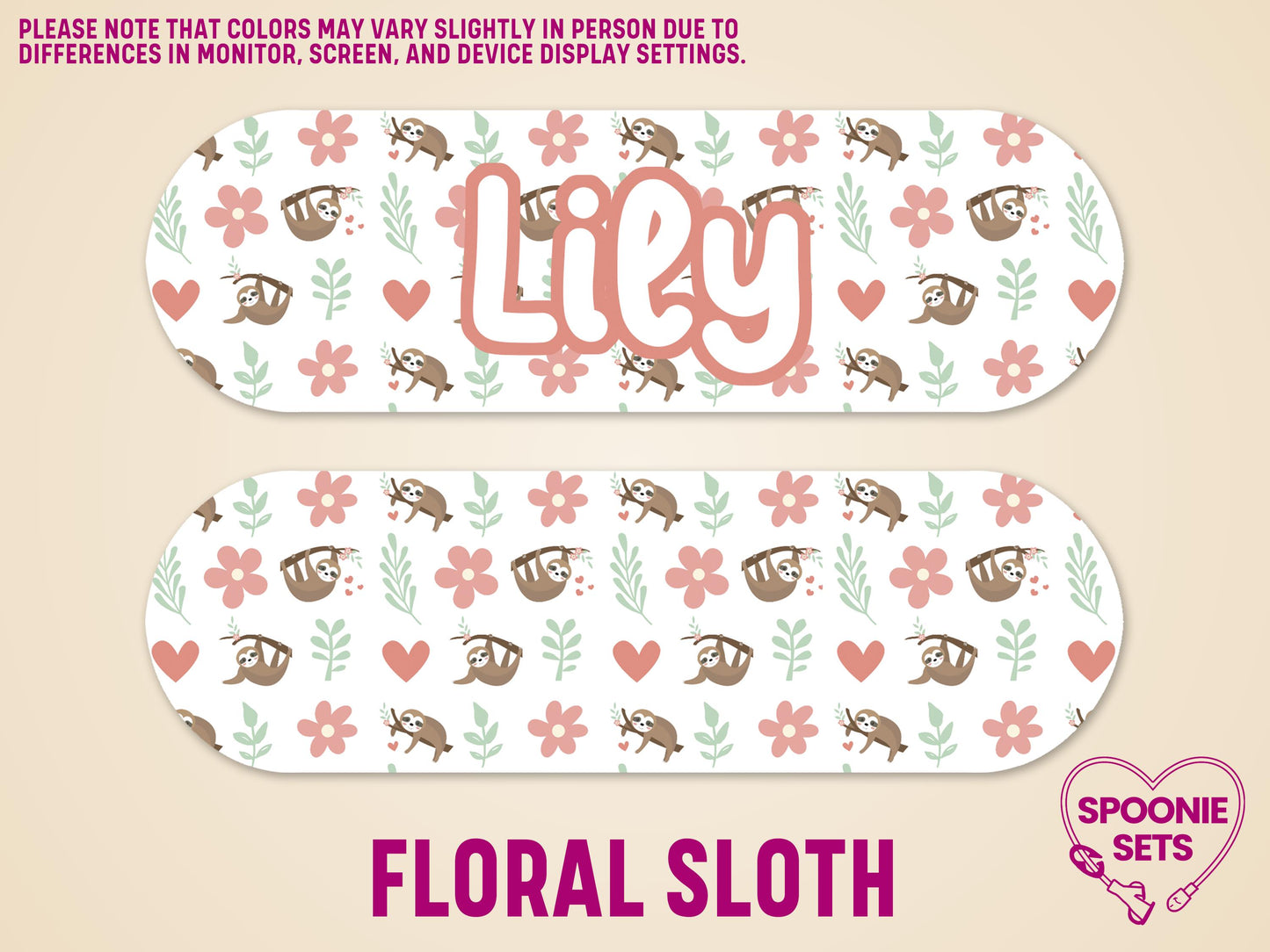 Two matte, laminated feeding tube pump stickers with a floral sloth pattern. One sticker is personalized with "Lily" in pink.