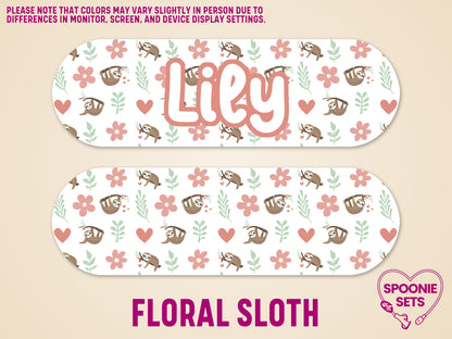 Two matte, laminated feeding tube pump stickers with a floral sloth pattern. One sticker is personalized with "Lily" in pink.