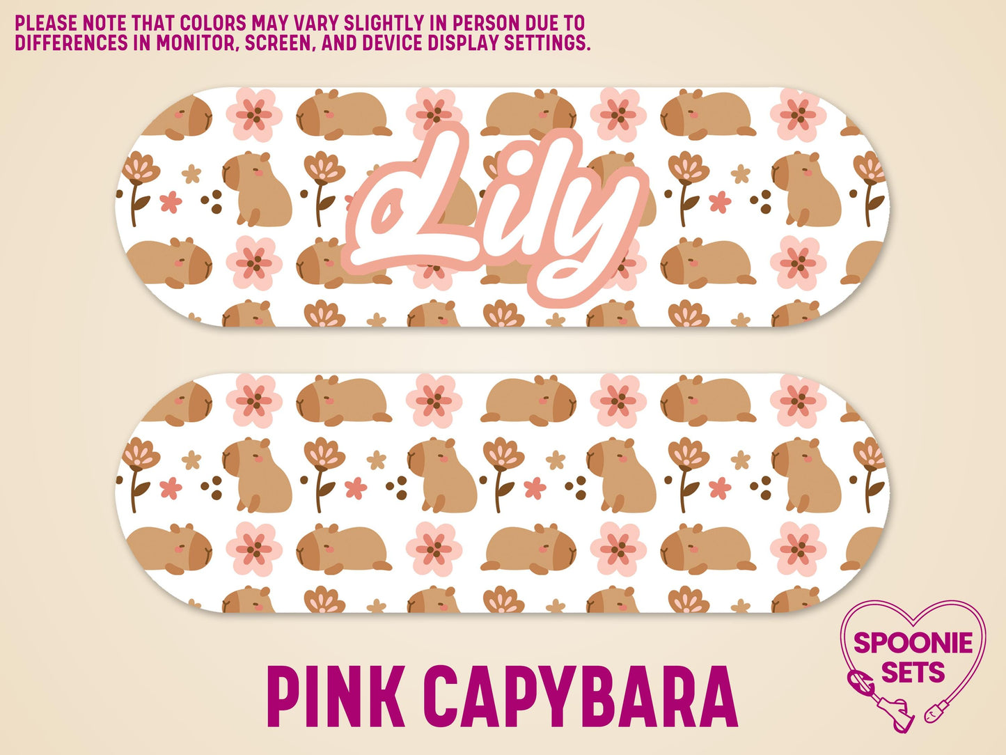 Two matte, laminated feeding tube pump stickers with a pink capybara and flower pattern. One sticker features "Lily" in script.