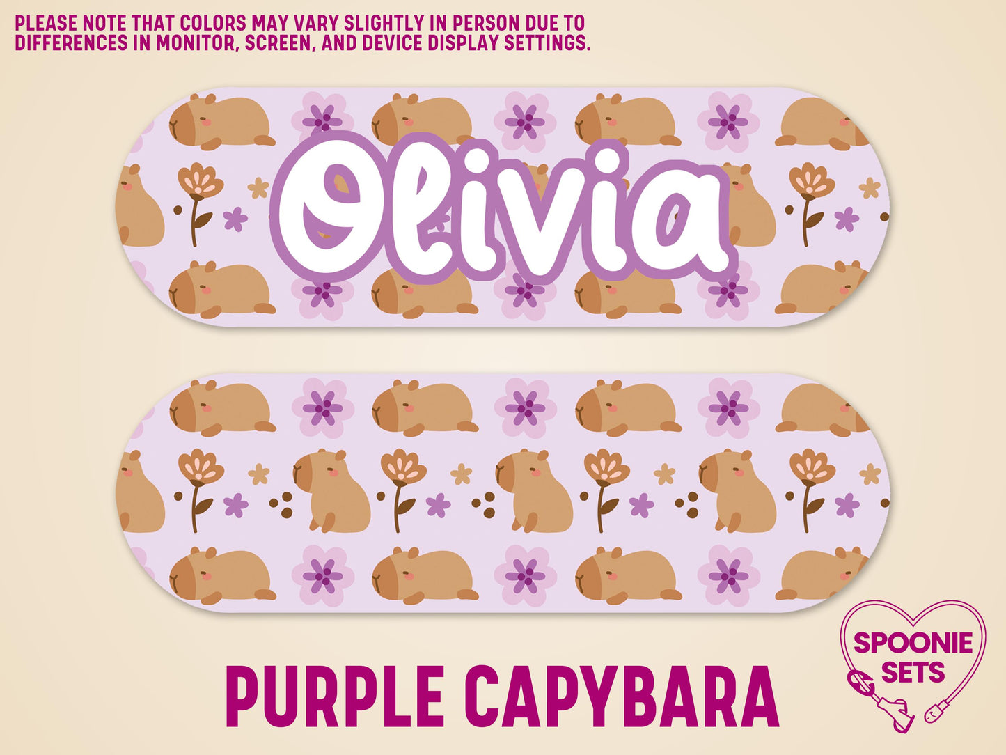 Two matte, laminated feeding tube pump stickers with a purple capybara and floral design. One features the name "Olivia.
