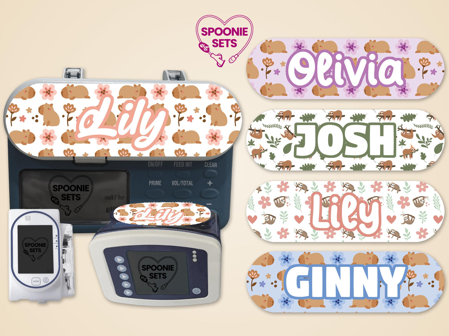 Capybara and sloth feeding tube pump stickers with personalized names like "Lily" and "Olivia" on Infinity pumps.