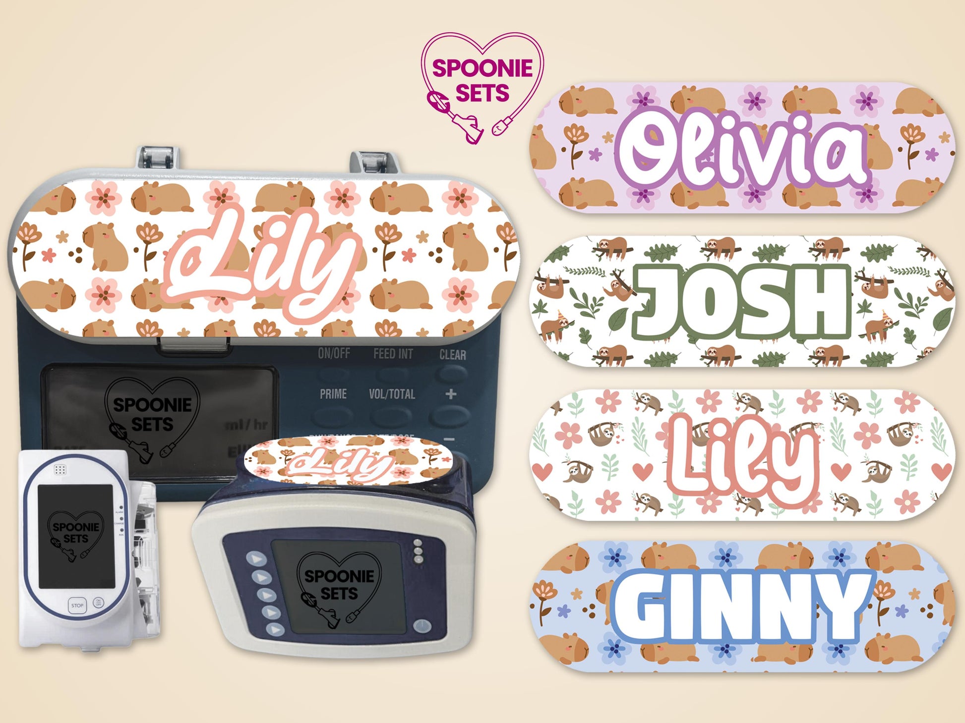 Capybara and sloth feeding tube pump stickers with personalized names like "Lily" and "Olivia" on Infinity pumps.