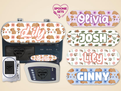 Capybara and sloth feeding tube pump stickers with personalized names like "Lily" and "Olivia" on Infinity pumps.