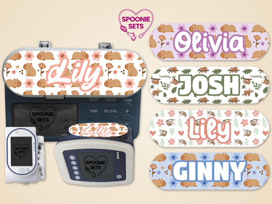 Capybara and sloth feeding tube pump stickers with personalized names like "Lily" and "Olivia" on Infinity pumps.