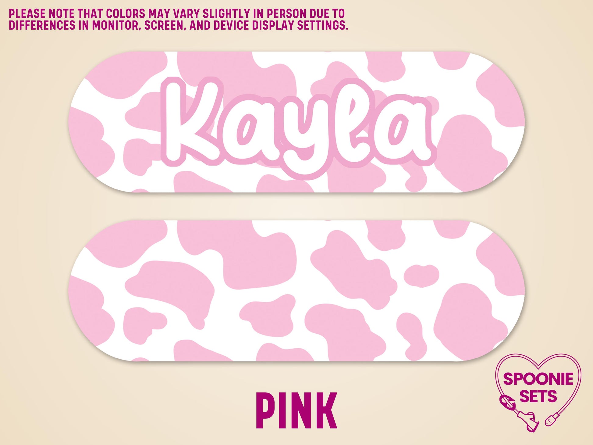 Pink cow print feeding tube pump sticker with "Kayla" in white, matte finish.