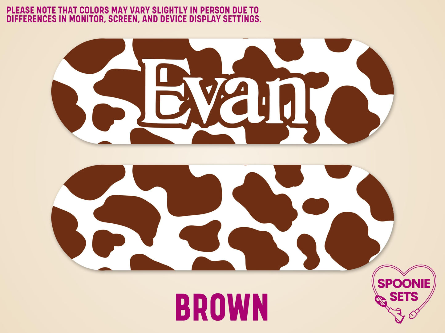 Brown cow print feeding tube pump sticker with "Evan" in white, and a blank matching sticker.