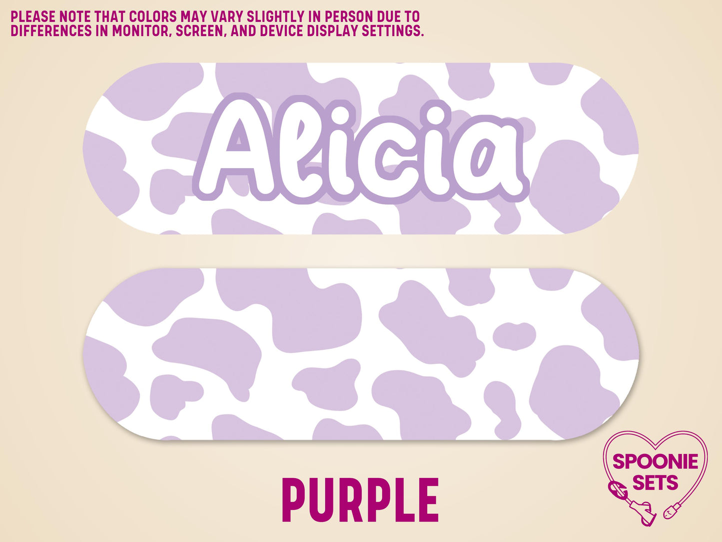 Purple cow print feeding tube pump sticker with "Alicia" in white, matte finish.