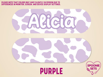 Purple cow print feeding tube pump sticker with "Alicia" in white, matte finish.