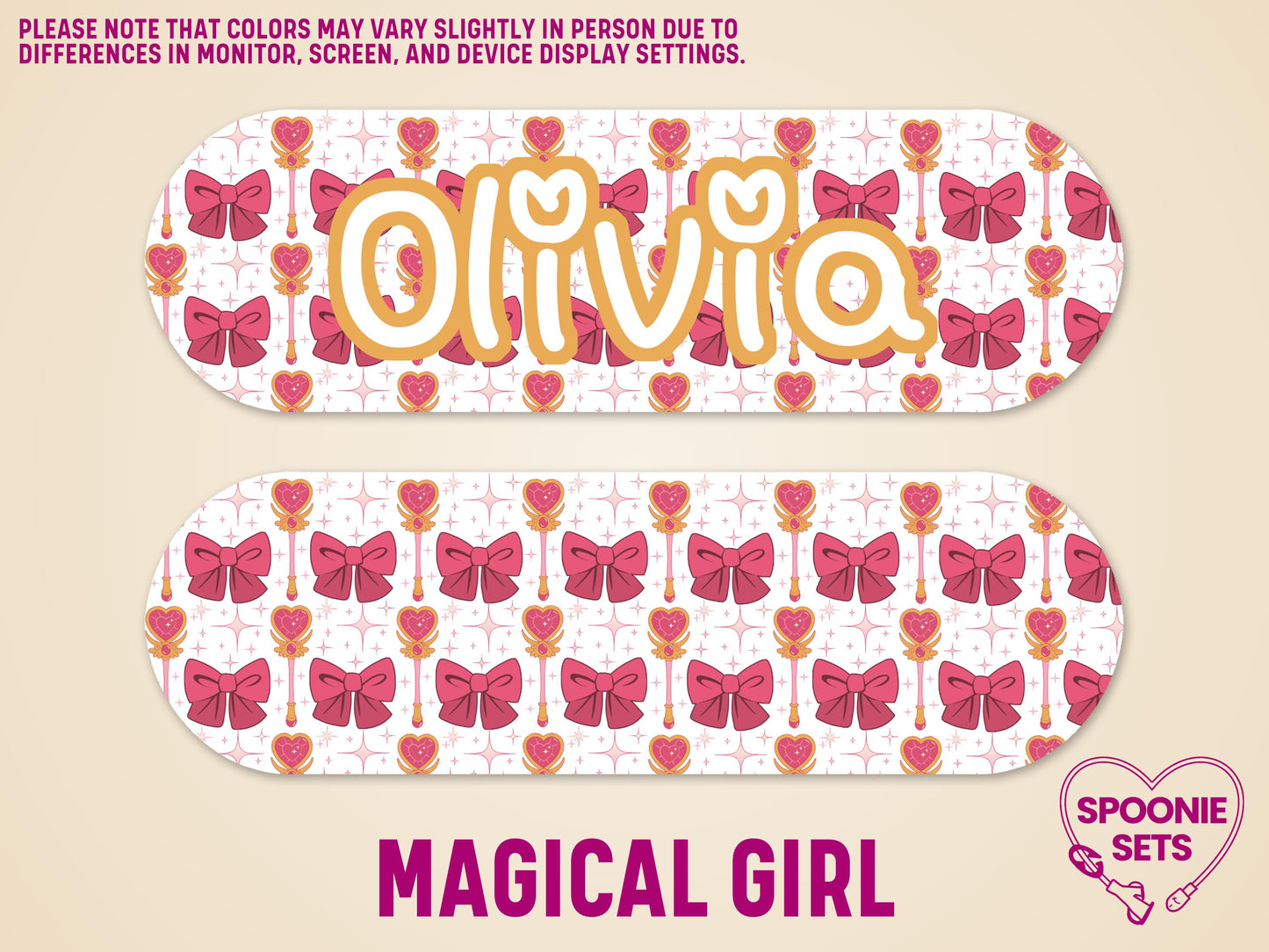 Pink "Magical Girl" anime-themed feeding tube pump sticker with bows, hearts, and a personalized "Olivia" name.