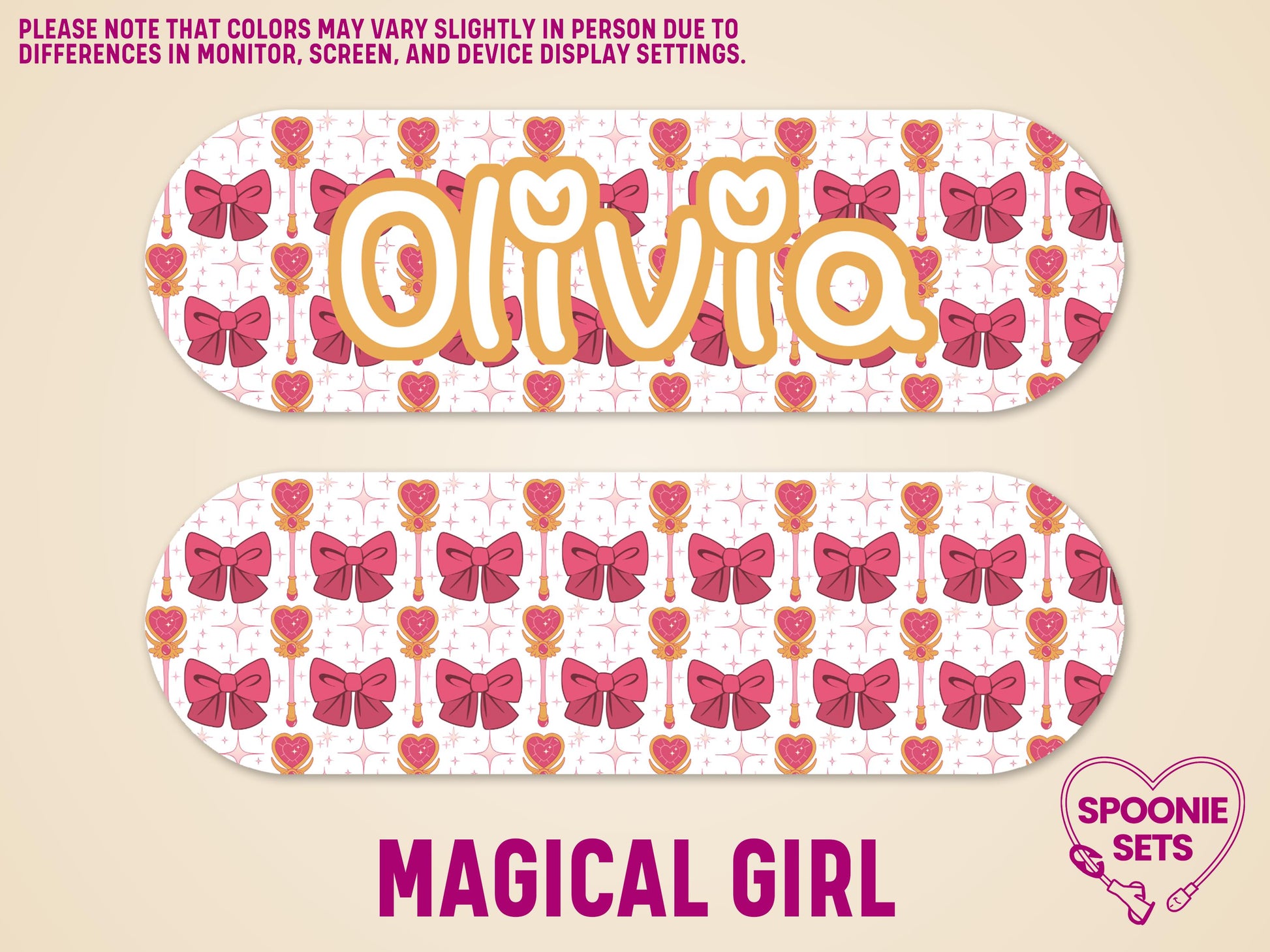 Pink "Magical Girl" anime-themed feeding tube pump sticker with bows, hearts, and a personalized "Olivia" name.