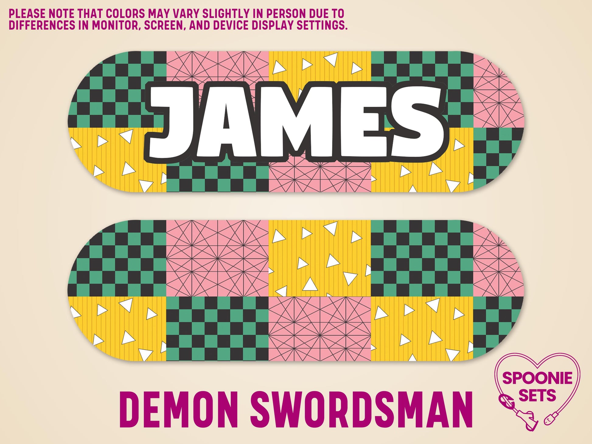 Anime Demon Swordsman feeding tube pump sticker with "JAMES" in white, featuring teal, pink, and yellow checkered patterns.