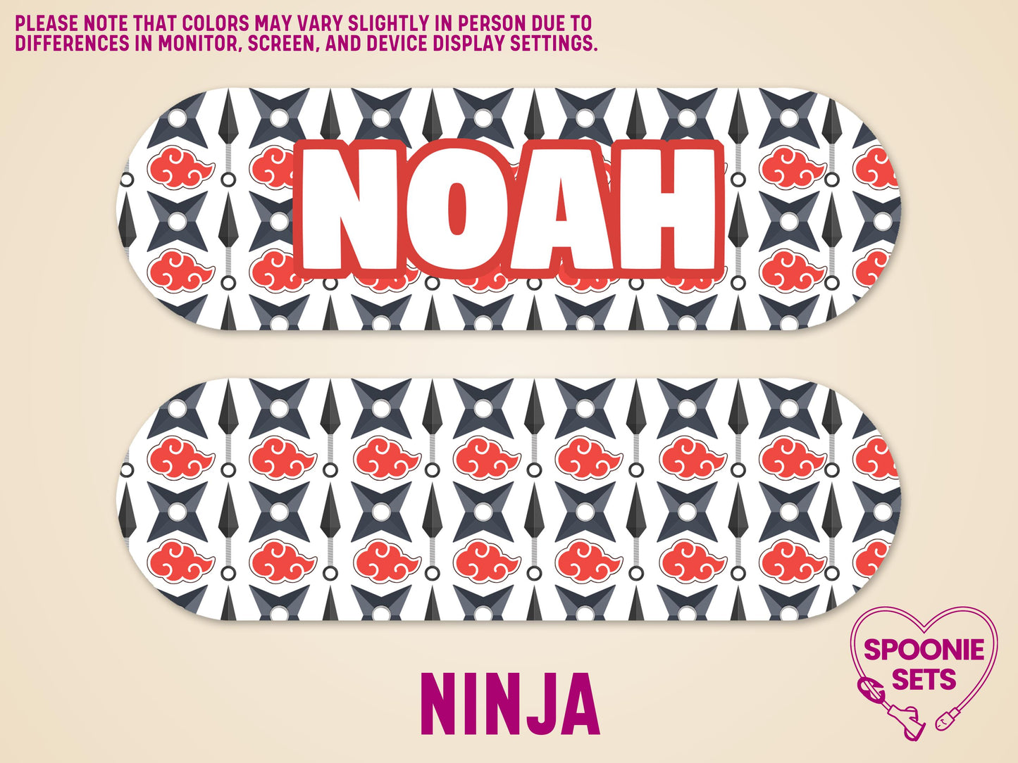 Personalized "NOAH" ninja anime feeding tube pump sticker with red clouds and shuriken pattern.