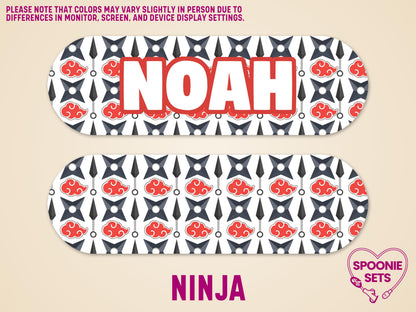 Personalized "NOAH" ninja anime feeding tube pump sticker with red clouds and shuriken pattern.