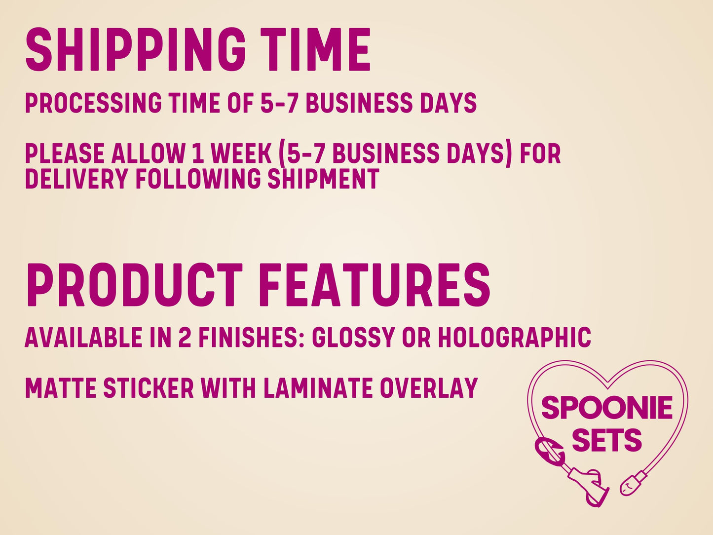 Pink text on a light background detailing shipping time and product features like matte finish with laminate overlay.