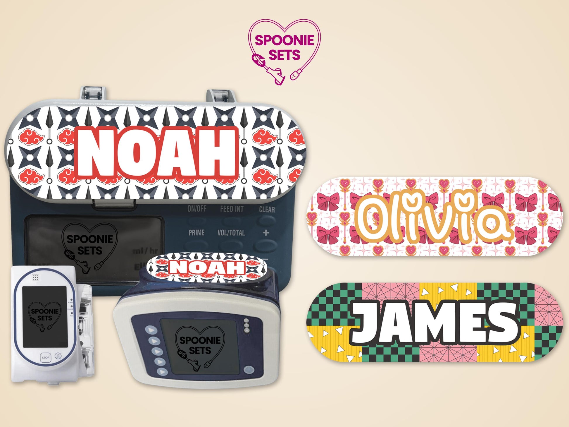 Personalized anime-themed feeding tube pump stickers: "Noah" (ninja), "Olivia" (magical girl), "James" (swordsman).