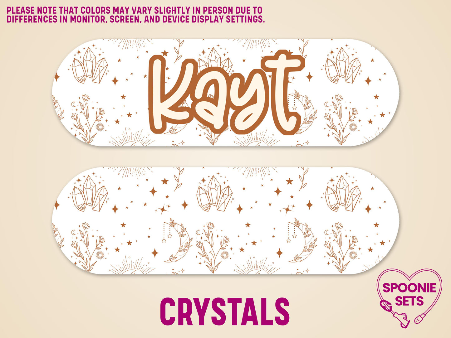 Boho feeding tube pump sticker with brown crystals, moons, stars, and "Kayt" in a script font.