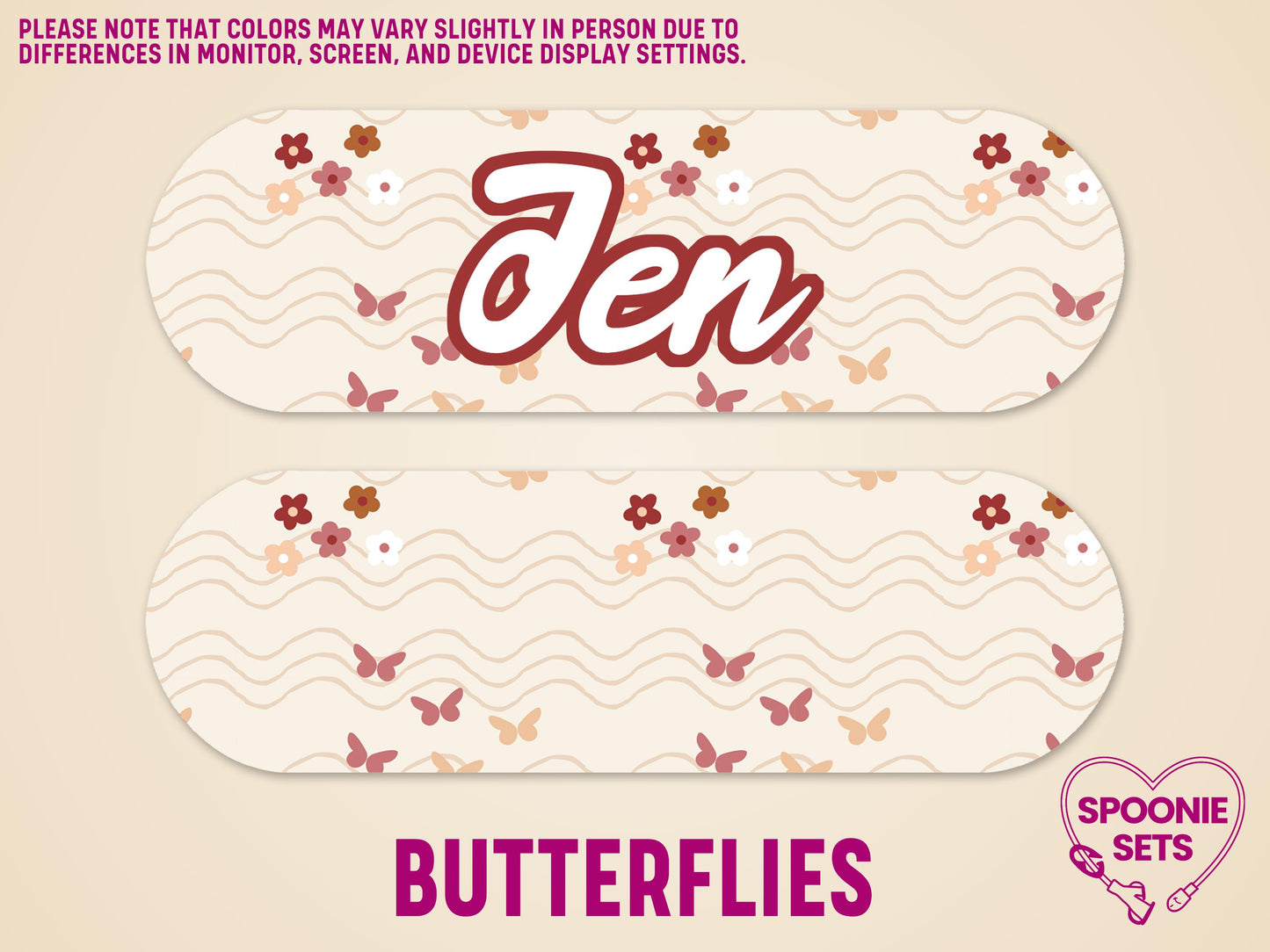 Boho feeding tube pump sticker with butterflies, flowers, and "Jen" in red script on a wavy beige background.