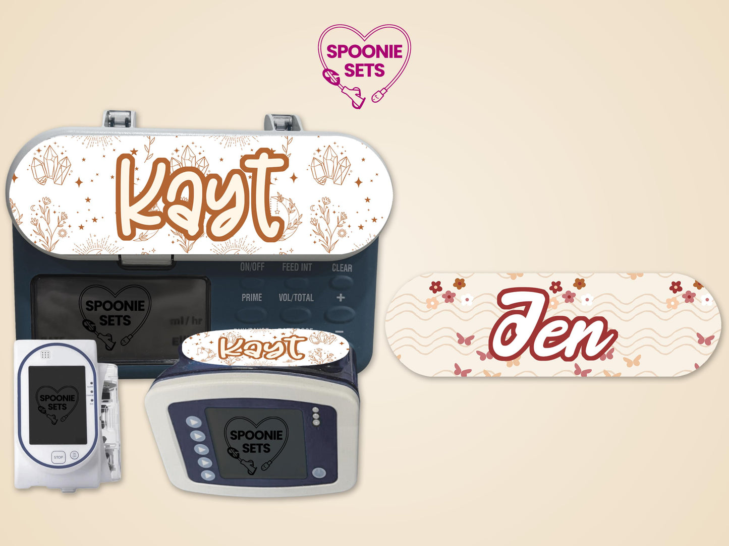 Boho crystal and butterfly feeding tube pump stickers with personalized names "Kayt" and "Jen" on Infinity and Sapphire pumps.