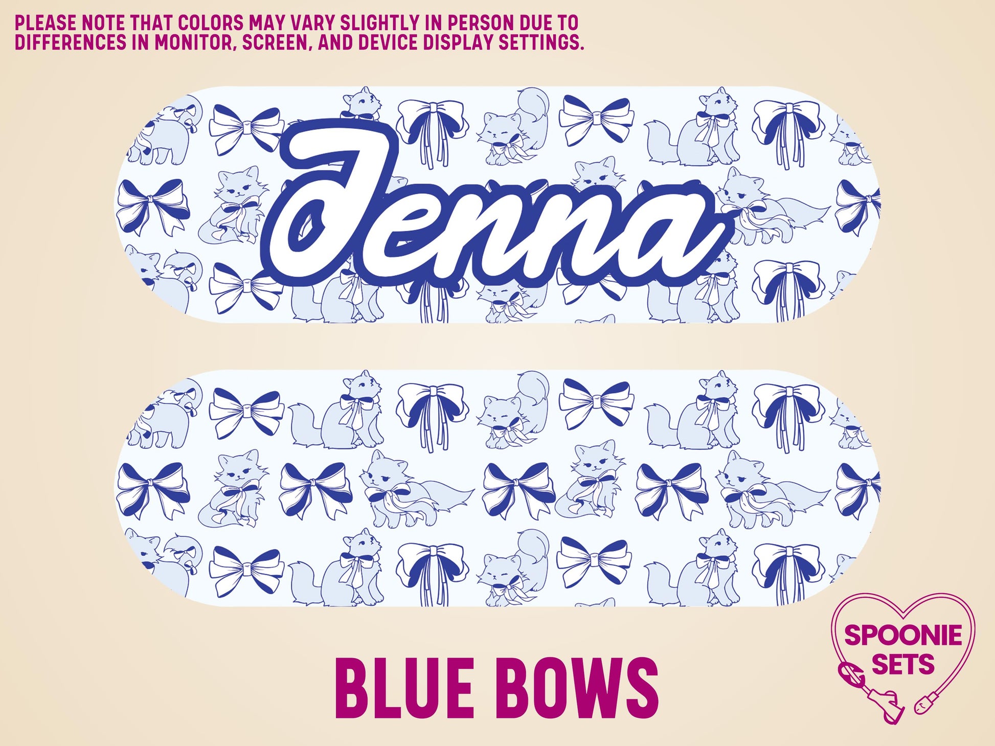 White matte feeding tube pump sticker with blue cat and bow pattern, one personalized with "Jenna.