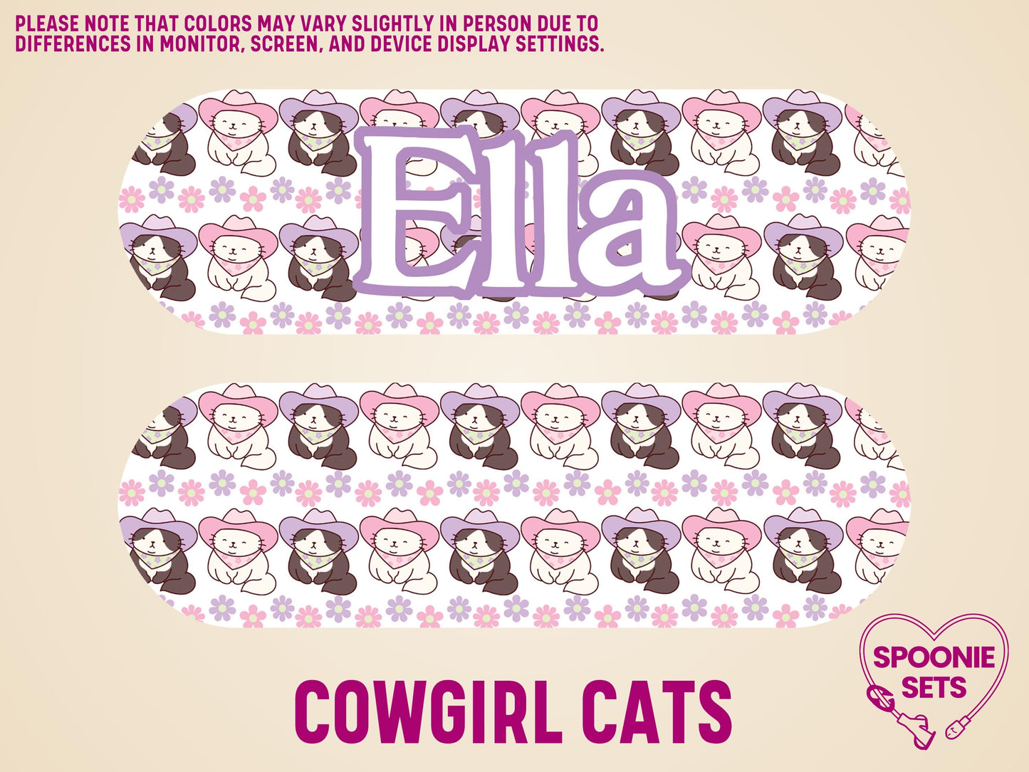 Two matte feeding tube pump stickers with cowgirl cats in pink, purple, and white, plus "Ella" on one.