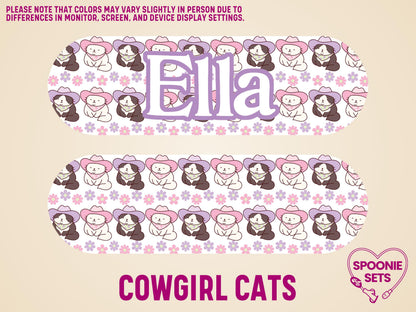 Two matte feeding tube pump stickers with cowgirl cats in pink, purple, and white, plus "Ella" on one.