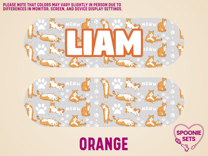 Matte feeding tube pump sticker with orange cats, white paw prints, and "LIAM" in orange text on a gray background.