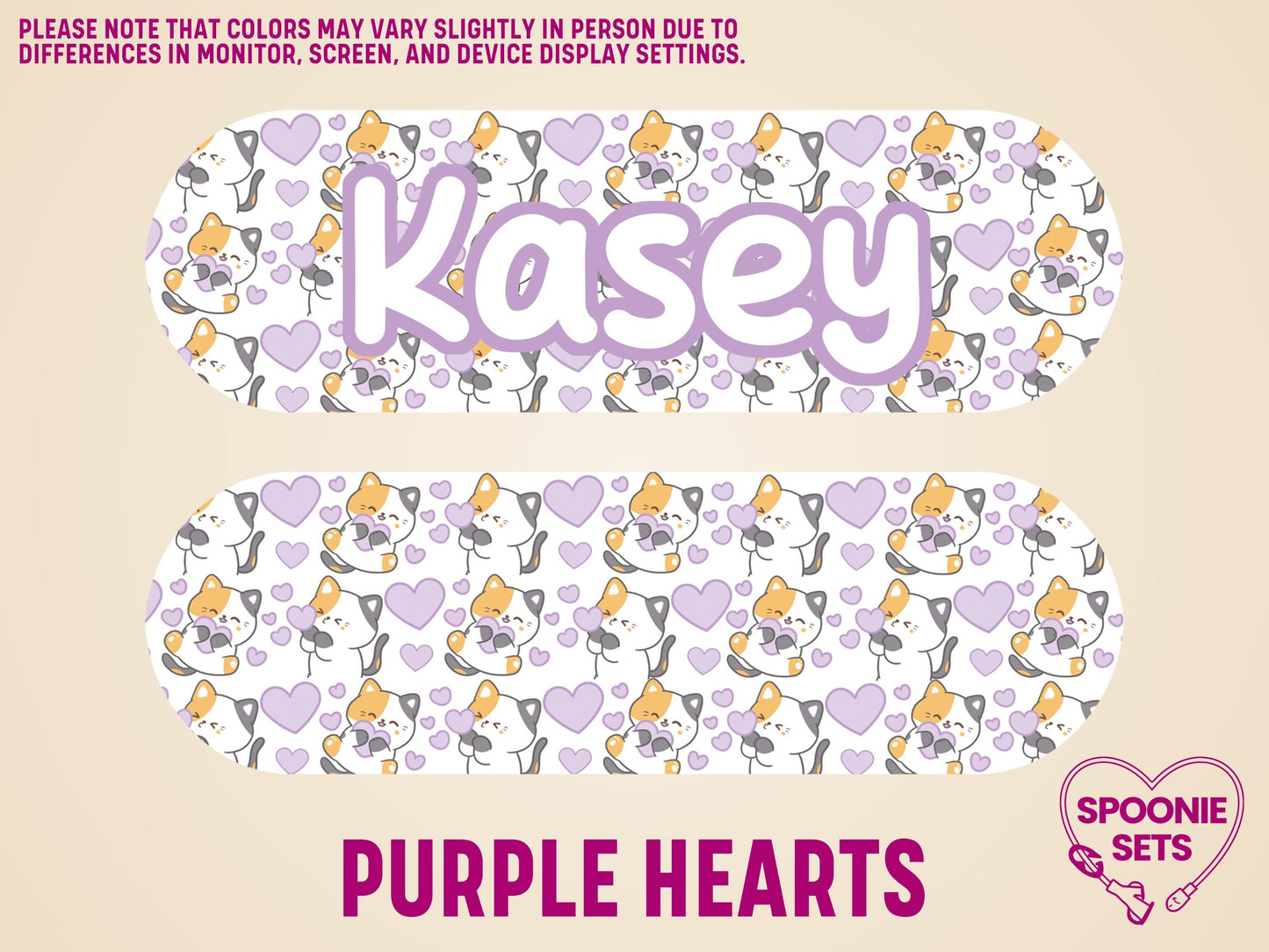 Matte feeding tube pump sticker with orange cats, purple hearts, and "Kasey" in a purple font.