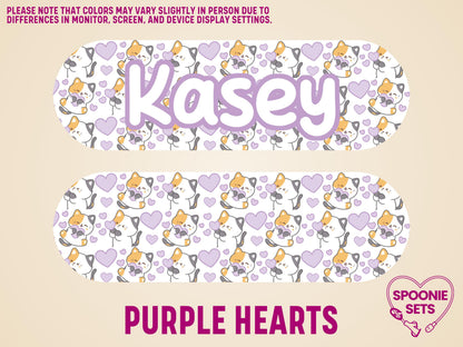 Matte feeding tube pump sticker with orange cats, purple hearts, and "Kasey" in a purple font.