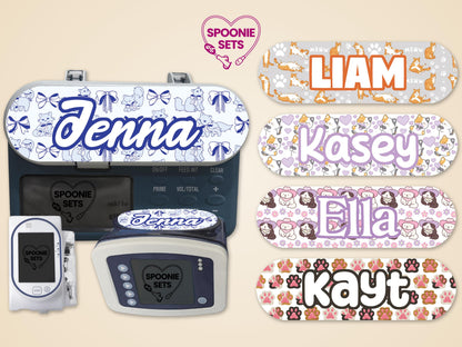 Personalized cat collection feeding tube pump stickers for Infinity, Joey, and Sapphire pumps.