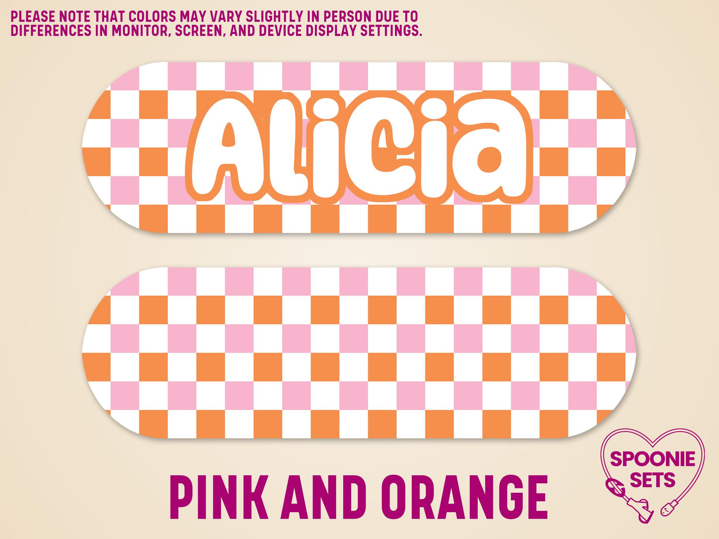 Pink and orange checkered feeding tube pump sticker with "Alicia" in white bubble letters.