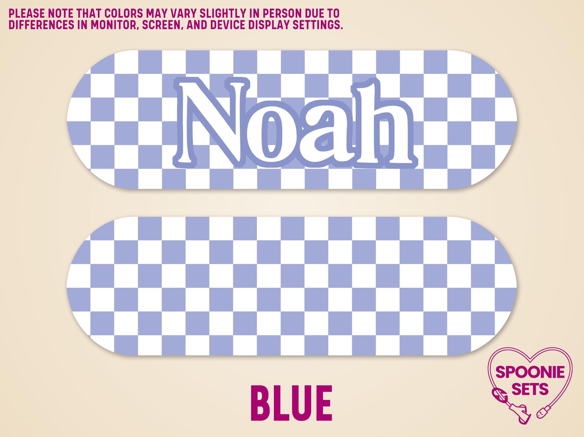 Blue checkered feeding tube pump stickers, one personalized with "Noah," for Infinity pumps.