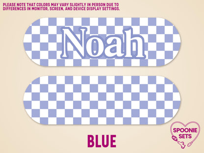 Blue checkered feeding tube pump stickers, one personalized with "Noah," for Infinity pumps.