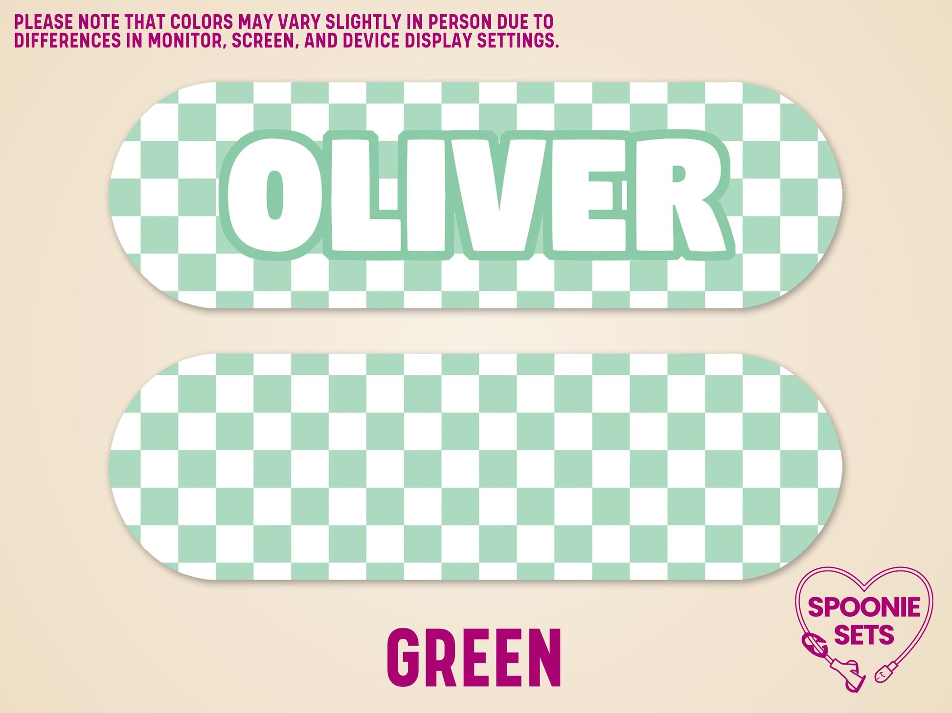 Green checkered feeding tube pump sticker with "OLIVER" in white, and a plain green checkered sticker.
