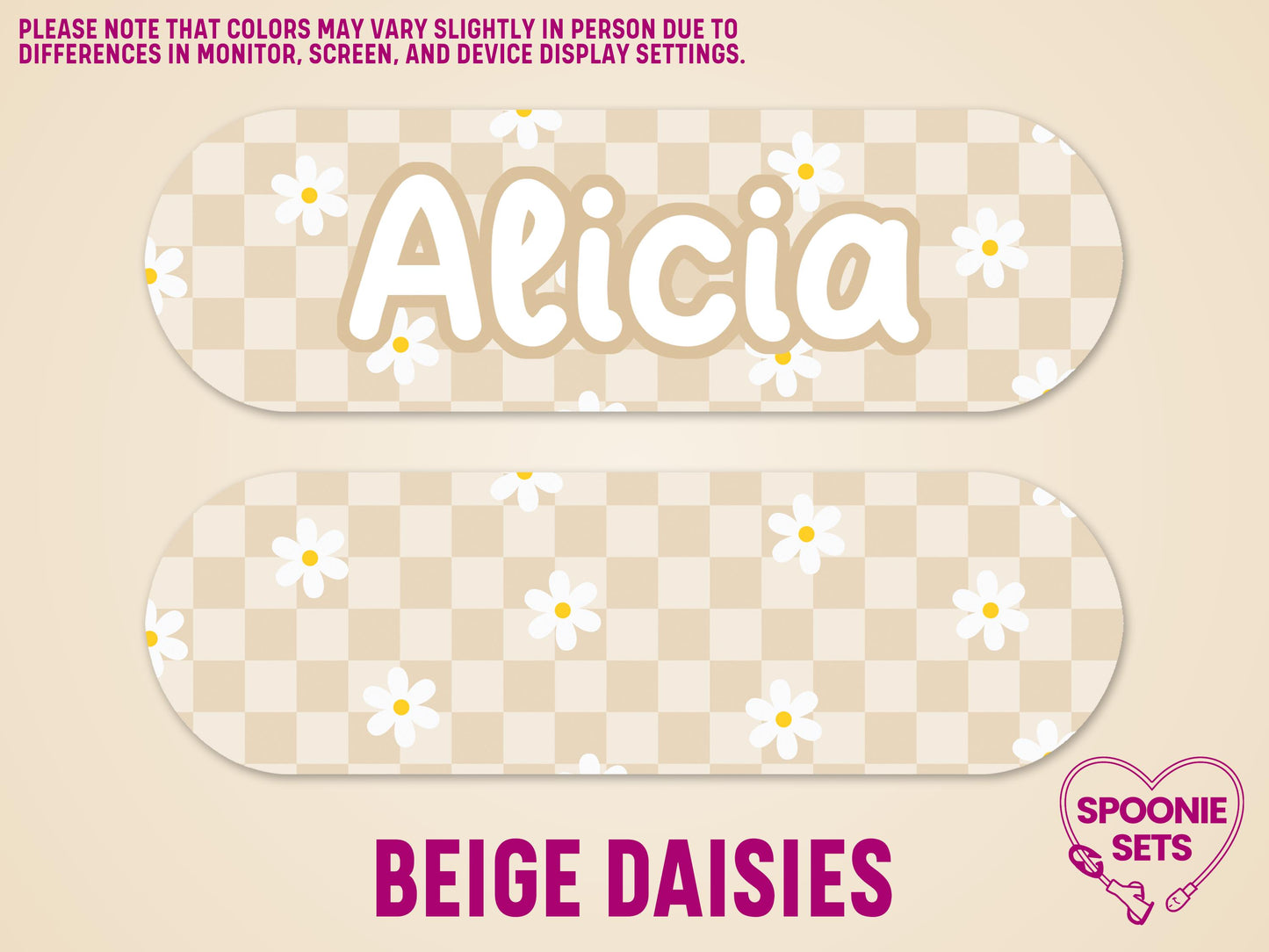 Beige checkered feeding tube pump sticker with white daisies, one personalized with "Alicia".