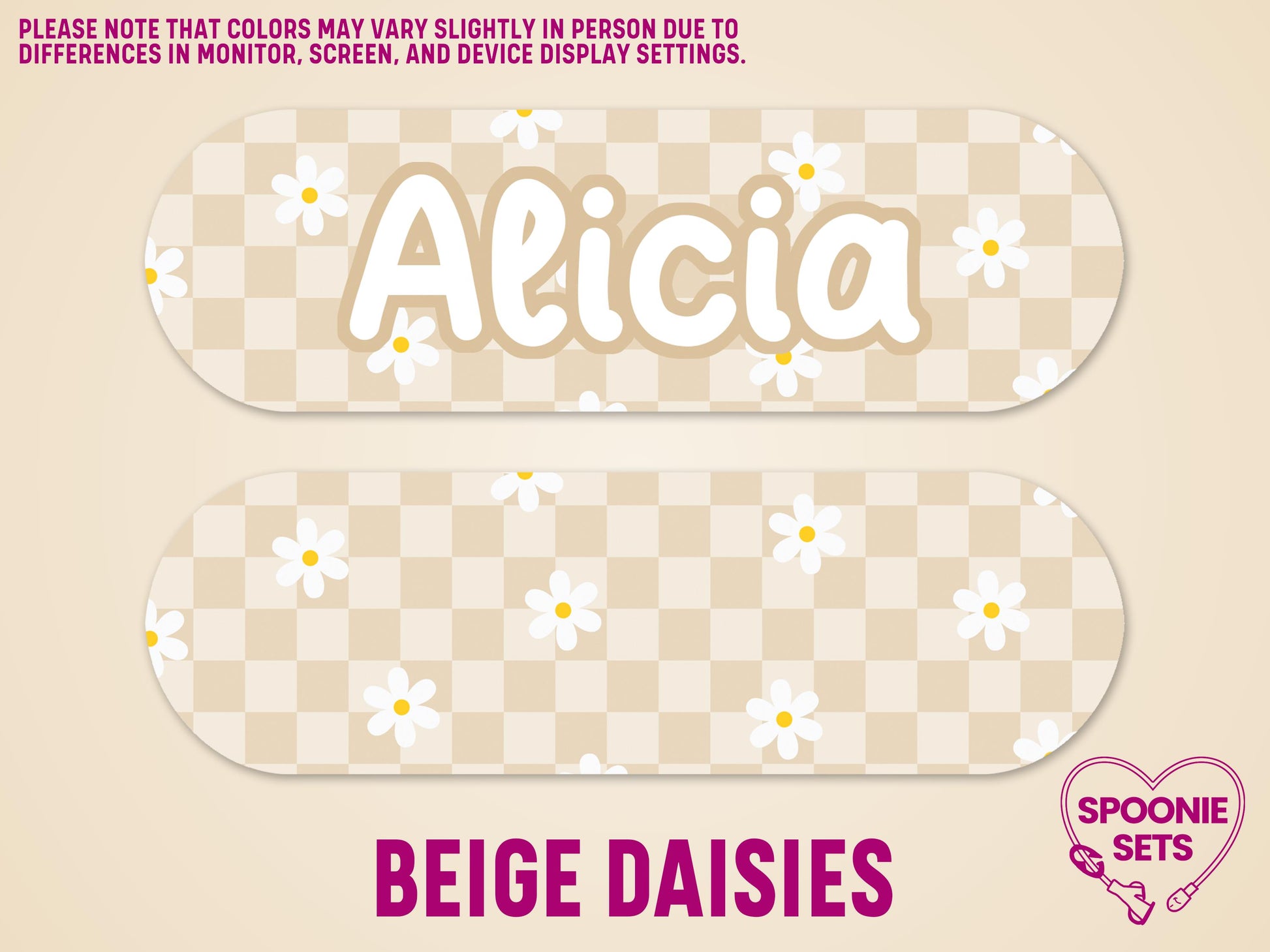 Beige checkered feeding tube pump sticker with white daisies, one personalized with "Alicia".