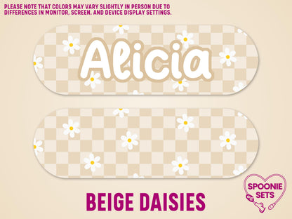Beige checkered feeding tube pump sticker with white daisies, one personalized with "Alicia".