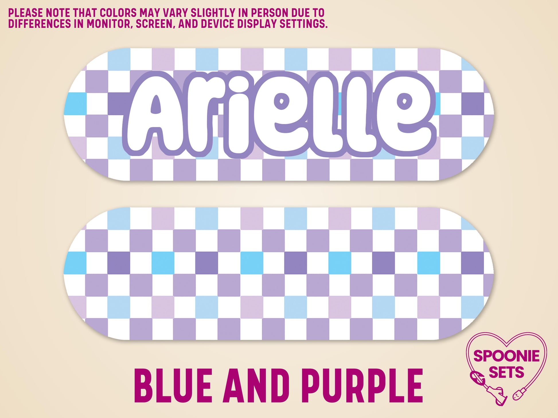 Personalized Infinity feeding tube pump sticker with "Arielle" in white on a blue and purple checkered background.