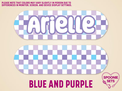 Personalized Infinity feeding tube pump sticker with "Arielle" in white on a blue and purple checkered background.
