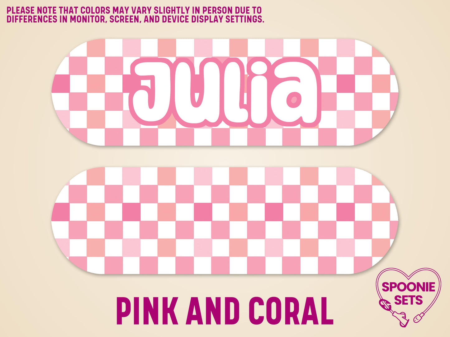 Pink and coral checkered feeding tube pump sticker with "Julia" in white bubble letters.