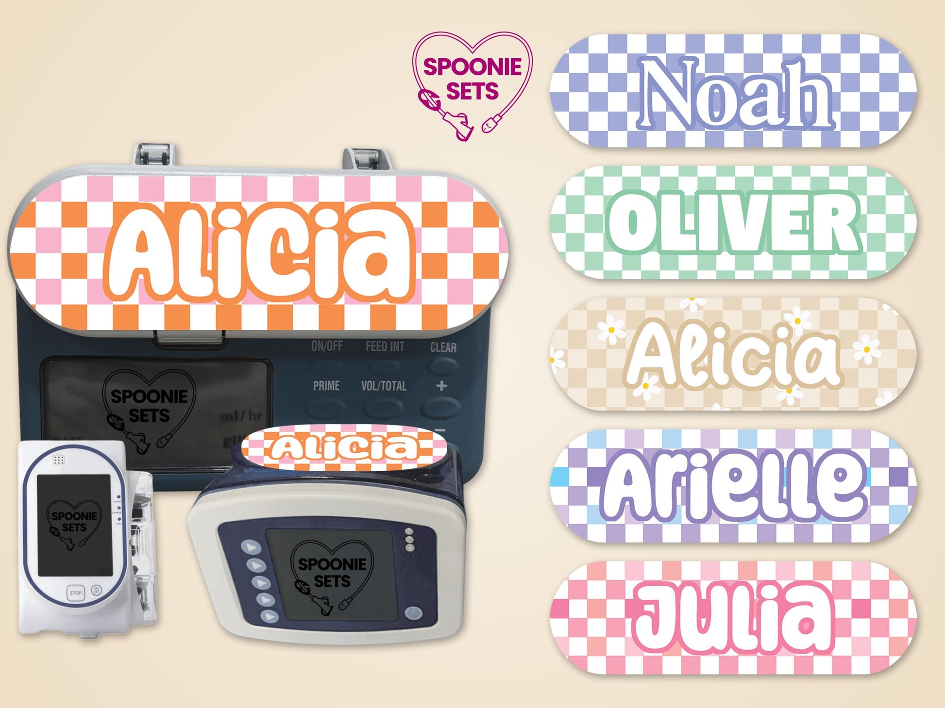 Pink and orange checkered "Alicia" feeding tube pump sticker on a pump, with other colorful name stickers.
