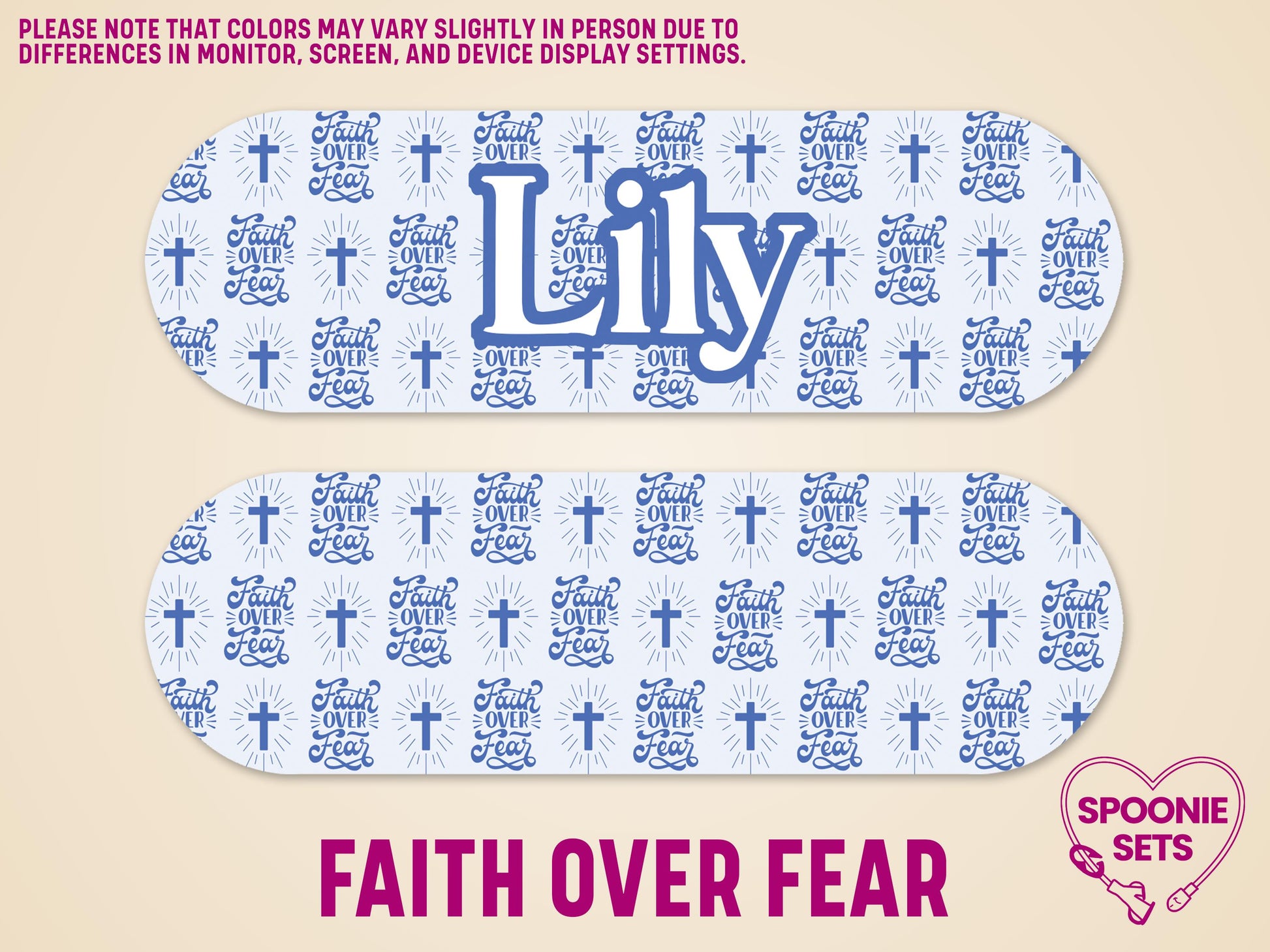 Two white matte "Faith Over Fear" feeding tube pump stickers with blue crosses, one personalized with "Lily".